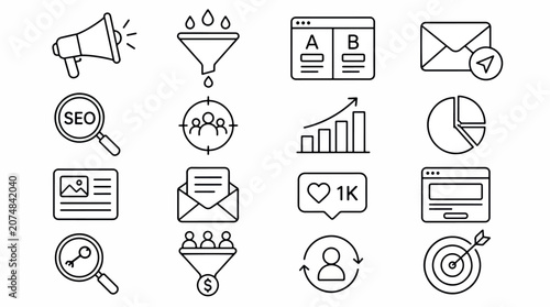 Collection of marketing and business icons representing analytics, strategy, and communication.