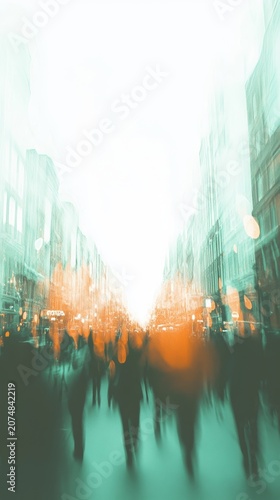 Blurred figures of people walking down a street with buildings and bright sunlight creating an abstract urban scene