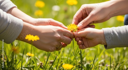 Hands holding yellow dandelion flower in green grass outdoors