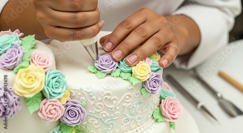 Hands piping pastel roses onto a white frosted cake