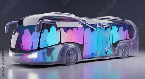 Futuristic Transparent Electric Public Transit Bus with Colorful Silhouettes of Passengers Inside on a Modern Roadway Background