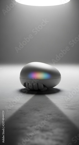 Minimalist Futuristic Metallic Egg Sphere With Prismatic Light Reflection Set Against A Stark Industrial Gray Background
