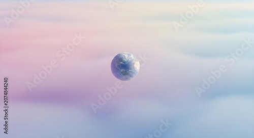 Abstract Spherical Planet Floating Above Soft Pastel Colored Clouds in a Dreamlike Surreal Sky Horizon Background