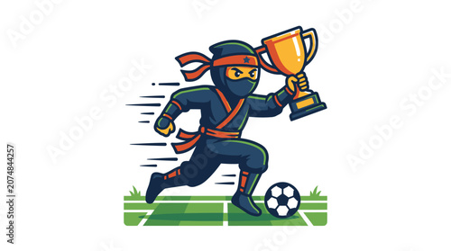 Photos Soccer ninja character holding trophy while running with ball.