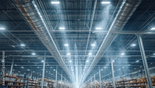 Ceiling air circulation system in a big storage facility.
