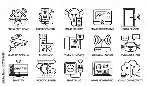 Fotografía Minimal black and white smart home icon pack with IoT devices security and autom
