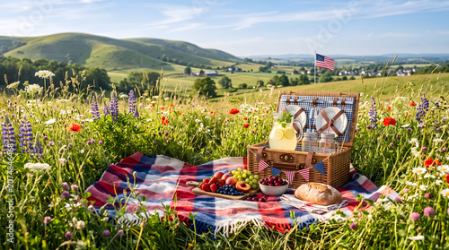 Summer Picnic in Wildflowers Basket of Fresh Fruits, Lemonade, Blanket, and a Flag Symbolizing National Celebration in a Scenic Meadow