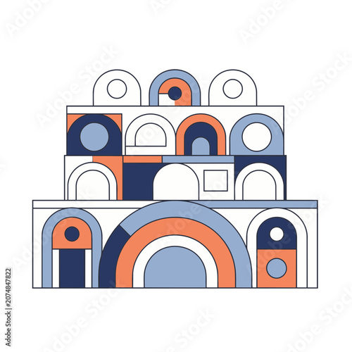 Abstract geometric building with arches and circles