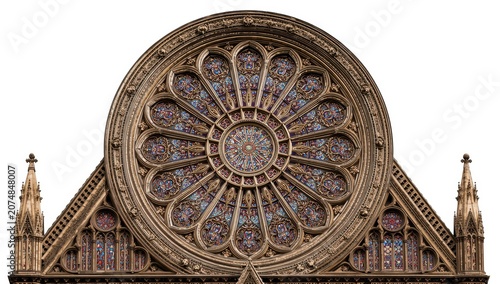 Gothic church rose window on a white backdrop.