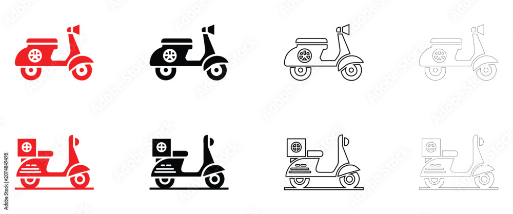 Obraz premium Pizza delivery scooter icon vector, pizza fast food delivery supply symbol vector, silhouette and line art illustration
