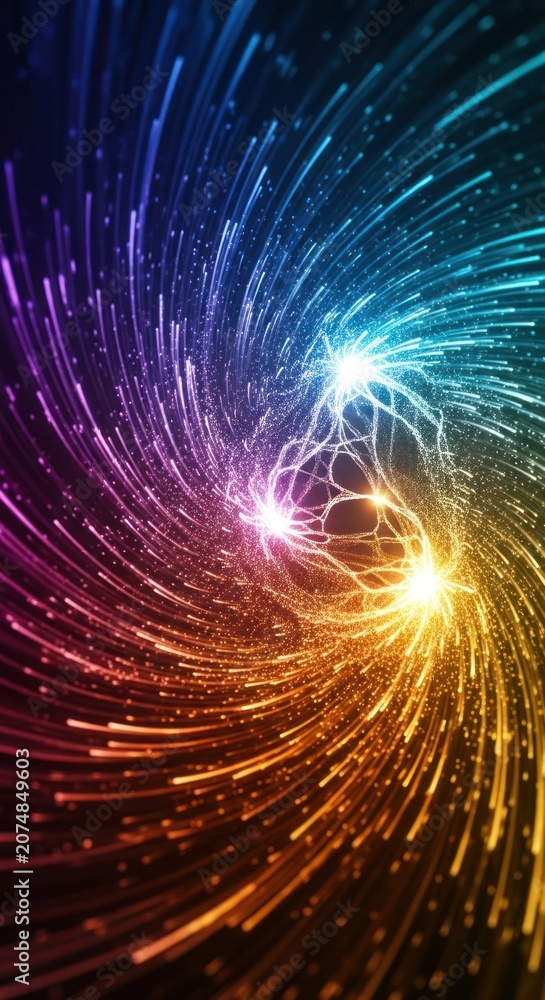 Fototapeta premium A vibrant, swirling vortex of multicolored light streams emanates from a central point, creating a dynamic and energetic visual effect.