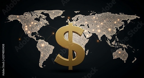 Golden dollar currency sign with abstract global world map connection background
