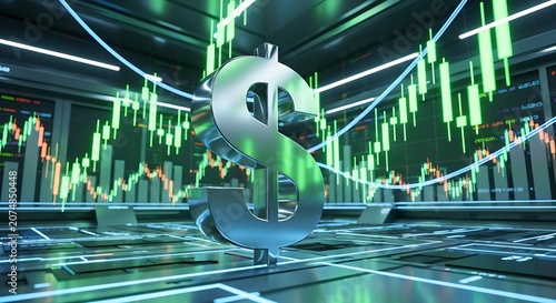 Shiny green dollar symbol glowing on abstract digital matrix network lines
