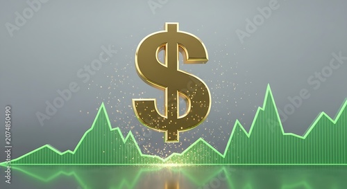 Minimalist golden dollar sign with green upward financial growth chart line
