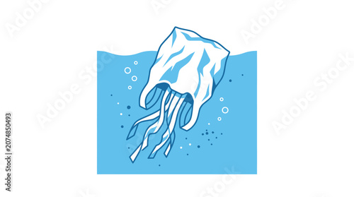 Foto Plastic bag floats in water resembling a jellyfish, symbolizing pollution