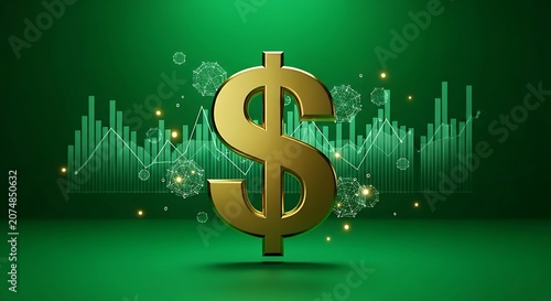 Gold dollar symbol standing on glowing blue digital data financial network
