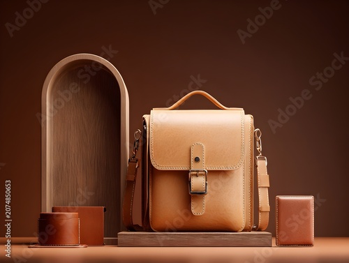 Stylish brown leather bag on a pedestal with an arch display
