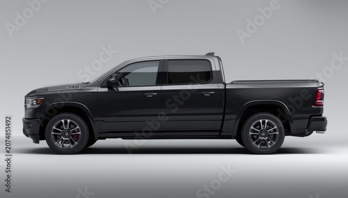 Isolated side view of a black or dark gray pickup truck on a white background.