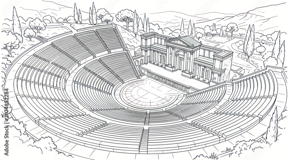 Obraz premium Ancient Greek Amphitheater Drawing, Outdoor Theater, Historical Architecture, Open-Air Venue