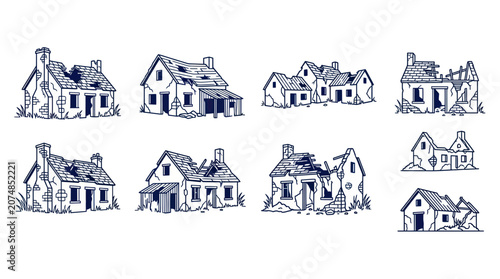 Fotografía Set of Hand-Drawn Dilapidated Houses, Abandoned Buildings, Rural Decay Illustrat