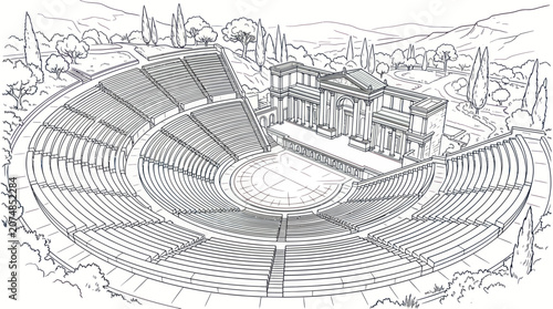 Bild auf Leinwand Ancient Greek Amphitheater Drawing, Outdoor Theater, Historical Architecture, Op
