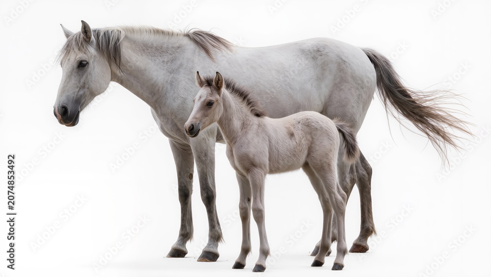 Naklejka premium Chestnut mare with foal isolated on pure white background