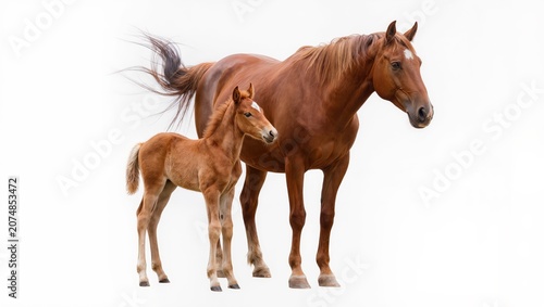 Chestnut mare with foal isolated on pure white background