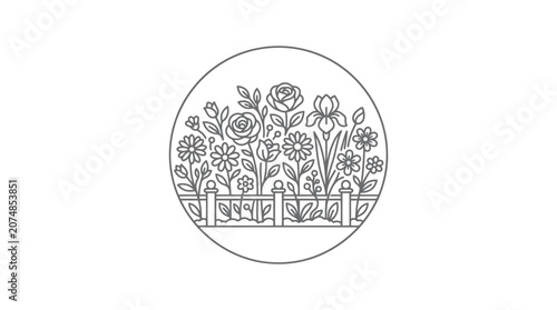 Detailed line drawing of various flowers.