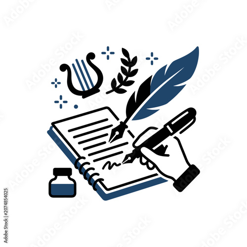 Hand holding quill pen writing notebook.