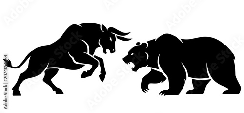 Obraz na plátně Vector silhouette of bull and bear clashing head‑on