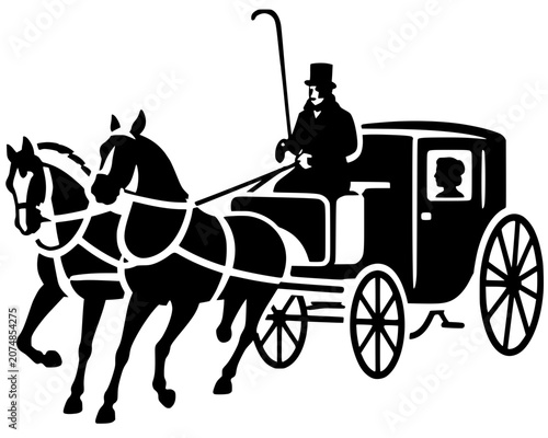 фотографія Bold black silhouette of a Victorian horse-drawn carriage with coachman in top hat and passenger, classic minimalist illustration perfect for vintage, history, and elegant event themes