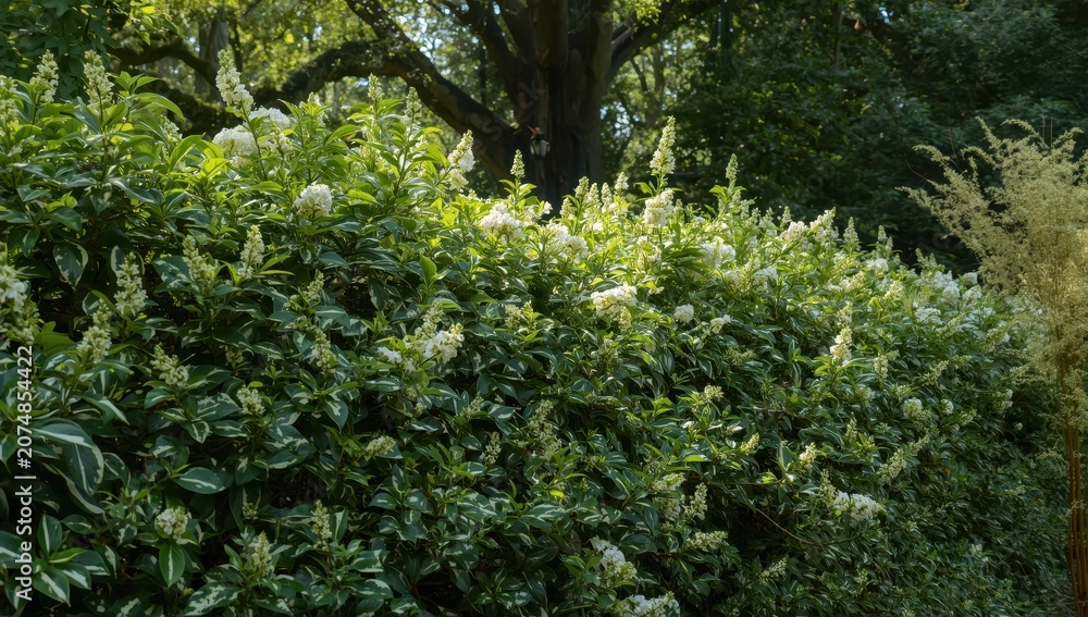 Fototapeta premium Multicolored spotted laurel hedge. Gold dust foliage.