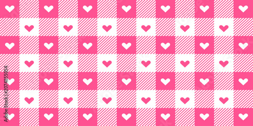 Cute pink and white heart checkered seamless pattern with striped squares, romantic Valentine background design for fabric, wrapping paper, stationery, and decor.