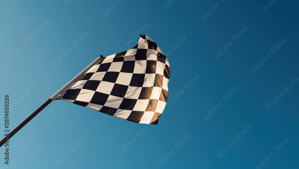 Fototapeta premium Outdoor checkered flag under blue sky, low angle. Text space available.