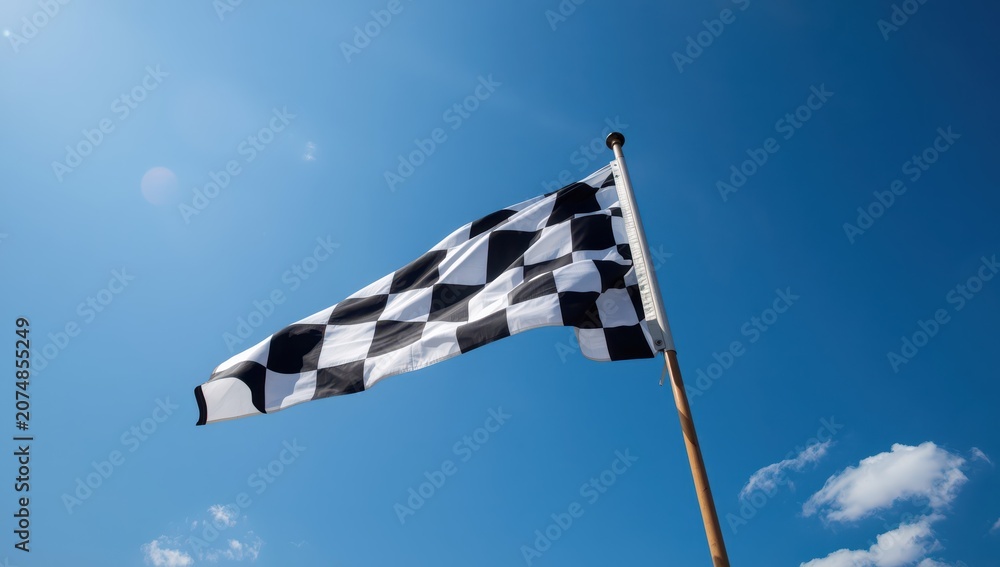 Naklejka premium Outdoor low-angle view of a checkered flag in a blue sky. Room for text.