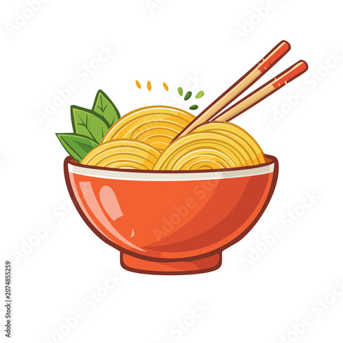 Bowl of noodles with chopsticks and green leaves
