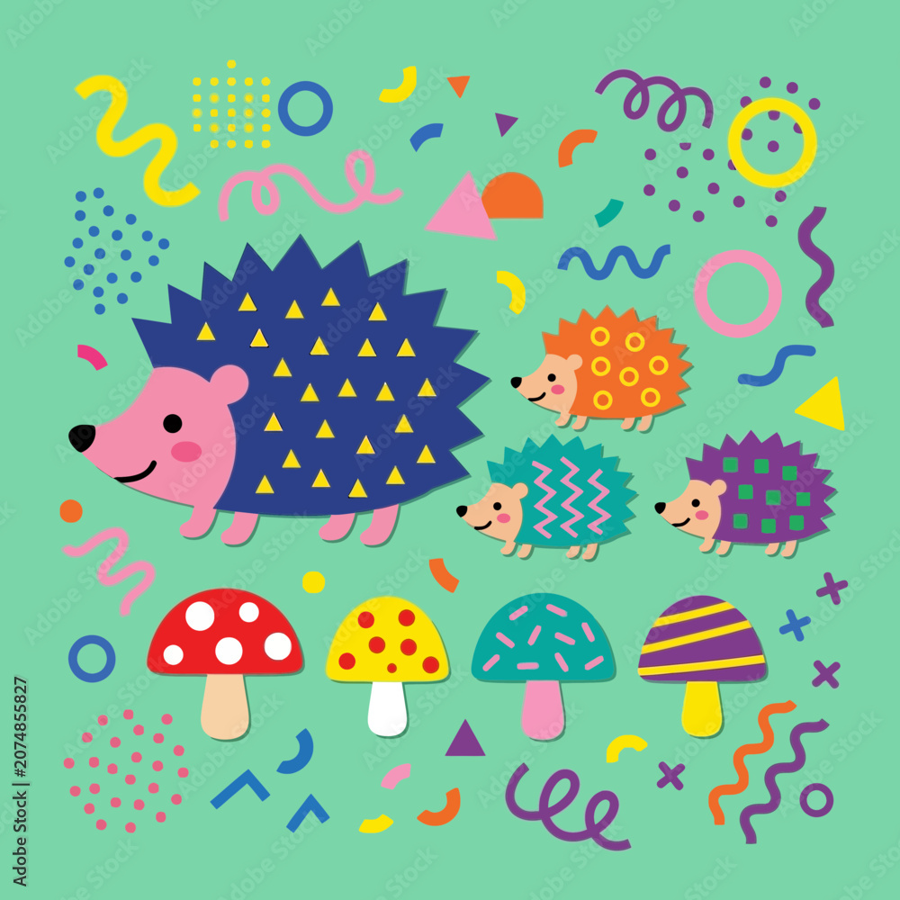 Obraz premium Cute hedgehogs and mushrooms with abstract shapes background