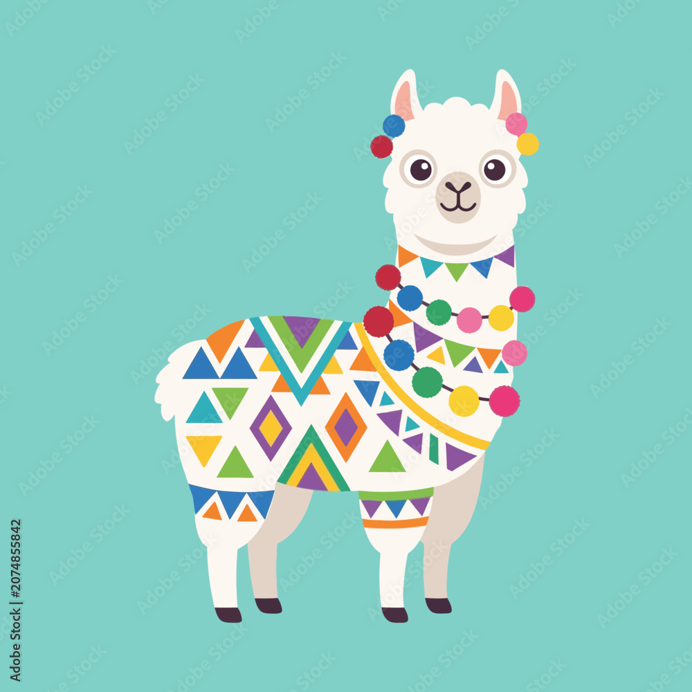 Fototapeta premium Cute llama in colorful geometric blanket and pom-poms against teal background