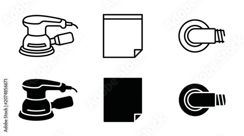 Hardware and office icons featuring power sander sticky note pipe fitting hardware construction equipment industrial