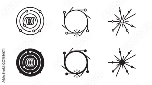 Set of abstract scientific and technology linear icons in black and white styles with technology abstract particle