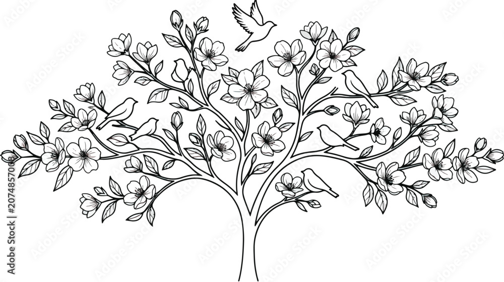 Fototapeta premium Blooming cherry blossom tree vector illustration, spring floral tree with birds and flowers, black and white line art botanical design for coloring