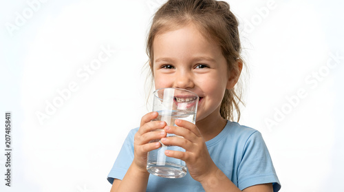 Cute little girl drinking a glass of fresh pure water isolated on white background