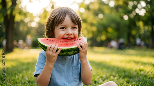 Happy little boy eating a juicy slice of watermelon in the park during summer