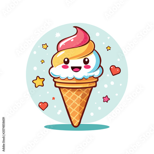 Cute Kawaii Ice Cream Cone with Face