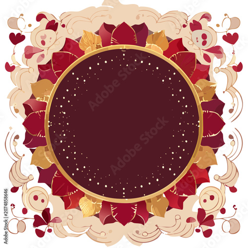 Decorative Floral Frame with Gold Border and Red Petals