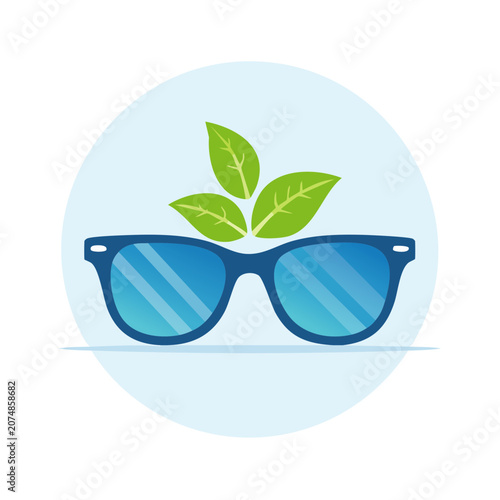 Flat icon of sunglasses with green leaves