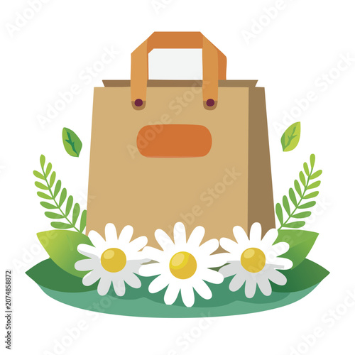 Paper shopping bag with daisies and green leaves