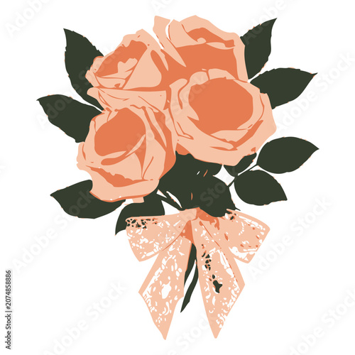 Peach Roses Bouquet with Ribbon Vector Illustration