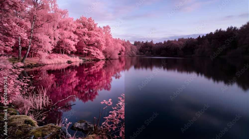 Obraz premium Infrared landscape showing pink trees reflected in a calm forest lake