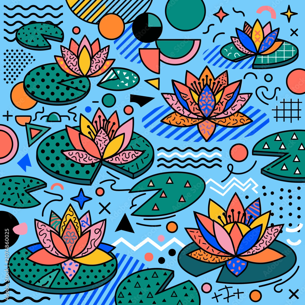 Obraz premium Retro Water Lilies Pattern, Memphis Style, Geometric Abstract Background